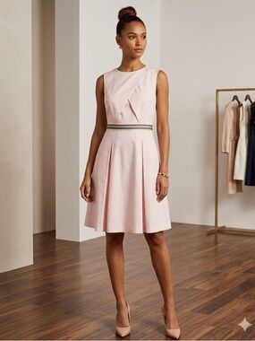 Ted Baker Light Pink Sleeveless Fit-and-Flare Dress with Striped Waistband